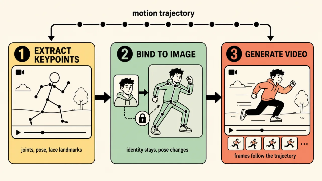 How motion control AI works: extract keypoints, bind to the reference image, generate video | Motion Control AI