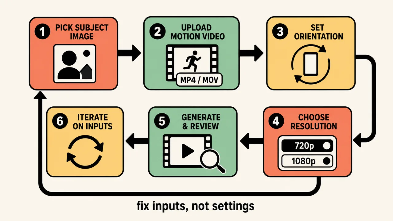 The six-step motion transfer workflow, from picking a subject image to iterating on inputs | Motion Control AI