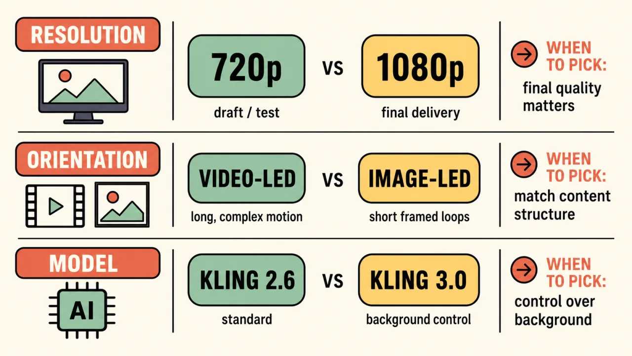 Settings comparison: resolution 720p vs 1080p, video-led vs image-led orientation, Kling 2.6 vs 3.0 | Motion Control AI