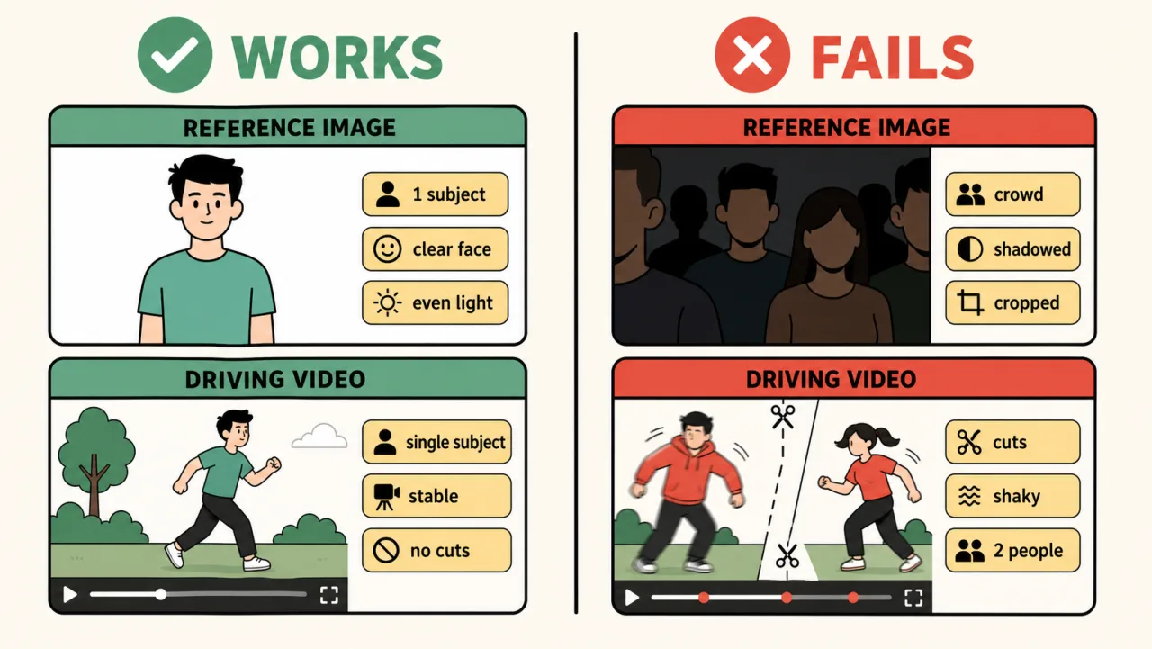 Good vs bad inputs for motion transfer: a clean single-subject reference image and steady driving video versus crowded, shadowed, and jittery ones | Motion Control AI